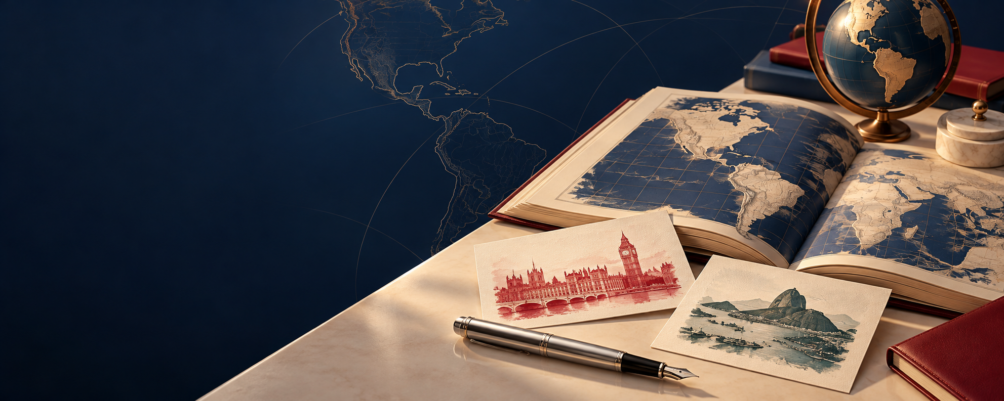 Atlas, globo e documentos que evocam uma visão internacional